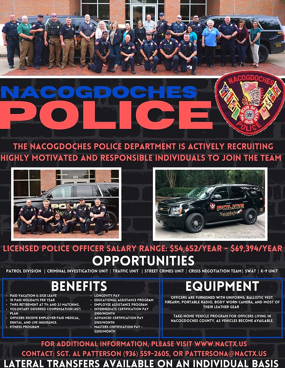 El Departamento de Policia de la Ciudad de Nacogdoches activamente buscando oficiales