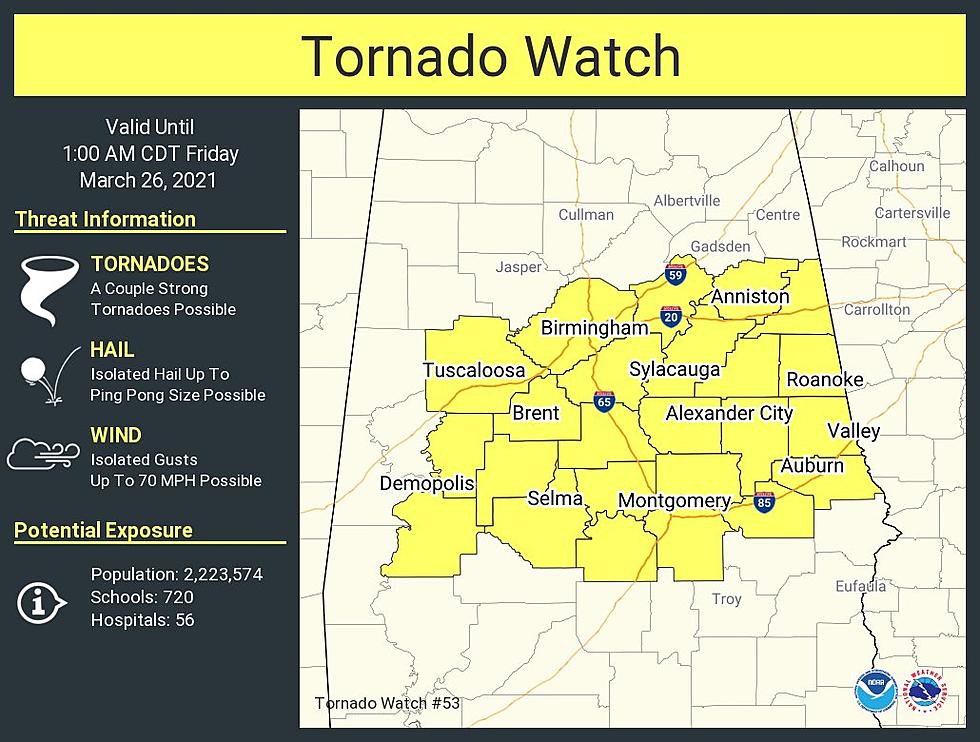 New TORNADO WATCH Issued for Parts of Alabama Until 1AM
