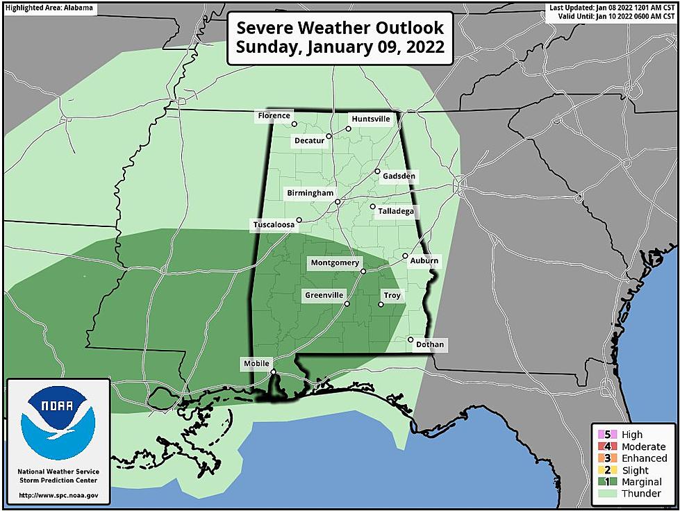 Marginal Risk for Severe Storms on Sunday for Portions of Central Alabama