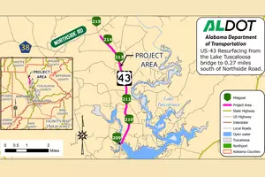 ALDOT’s Resurfacing of 5.4 Miles of US-43 Near Lake Tuscaloosa Begins Tuesday
