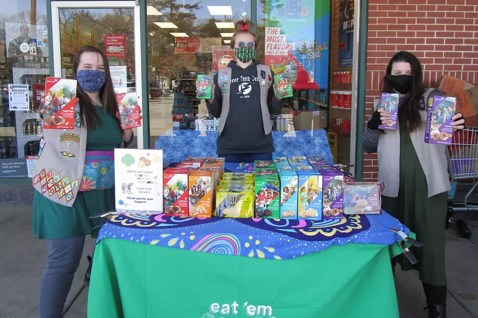 Girl Scouts from Dover, NH at their cookie booth in 2021.